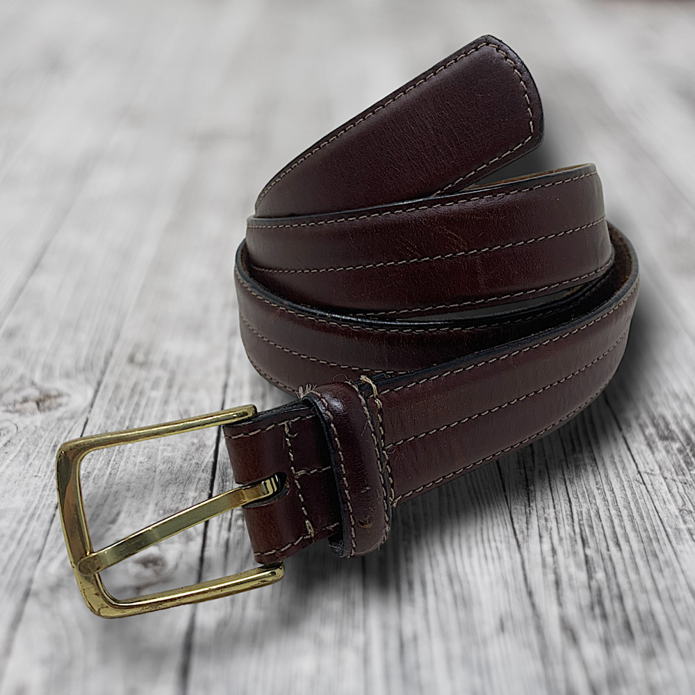 Vintage Classic Brown Harness Leather Seamed Belt Men's Sz 38 Solid Brass Buckle